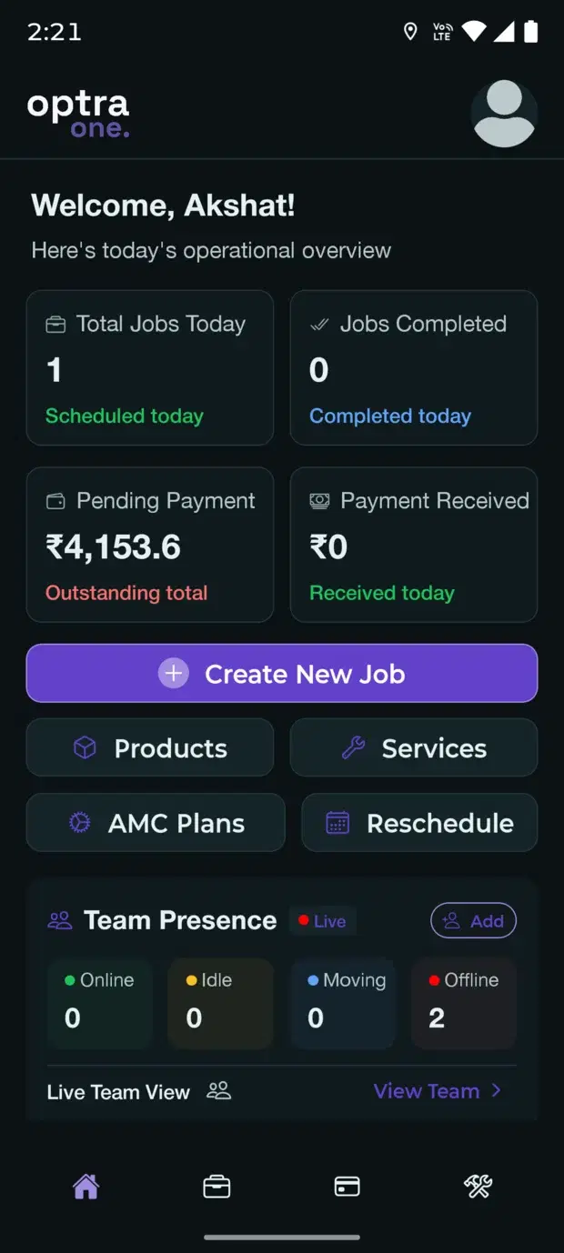 OPTRA ONE app dashboard showing today's jobs, payments and live team presence